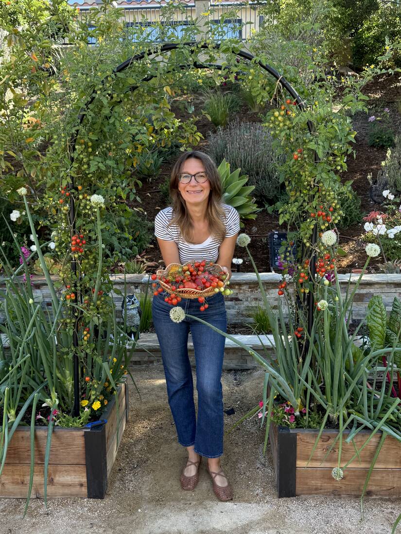 A gardener smiling under an arch trellis, holding a basket of freshly picked cherry tomatoes